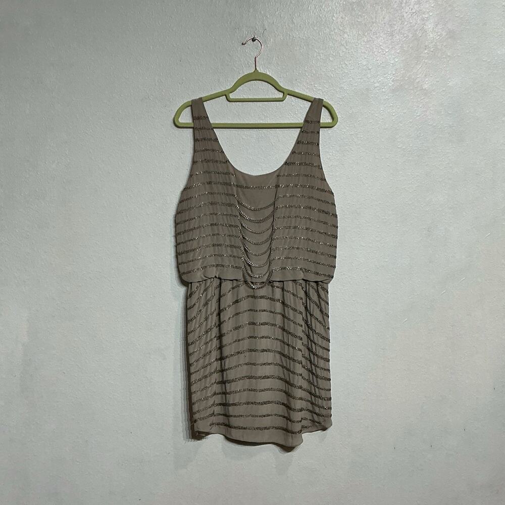 INC Taupe Silk Beaded Mini Dress Sleeveless Draped Chain Detail Dress Sz 10 - Picture 2 of 12
